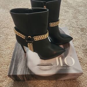 Jennifer Lopez Black Pointed-Toe Ankle Boots with Gold Chain Accent